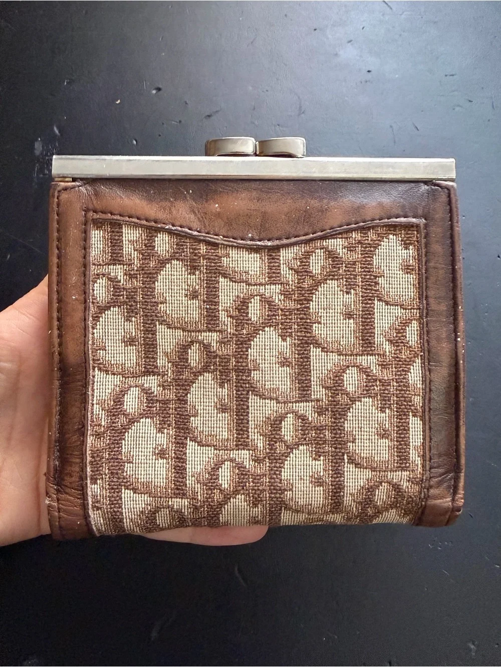 Vintage Christian Dior Trotter Oblique Canvas & Leather Kiss-Lock Compact Wallet